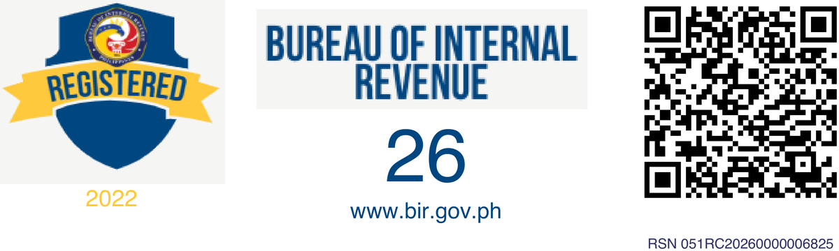 BIR Registration Seal Badge: Registered, Bureau of Internal Revenue, with a QR code to verify the registration